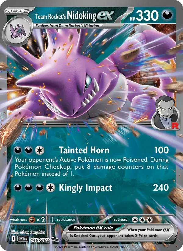 Team Rocket's Nidoking ex 119/182 Destined Rivals Pokémon card, Double Rare, front scan