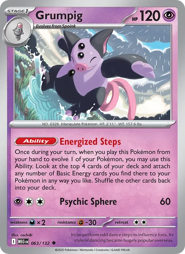 Grumpig 063/132 Mega Evolution Pokémon card, Uncommon, front scan