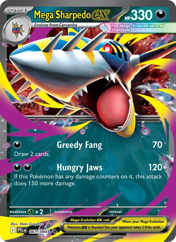Mega Sharpedo ex 061/094 Phantasmal Flames Pokémon card, Double Rare, front scan