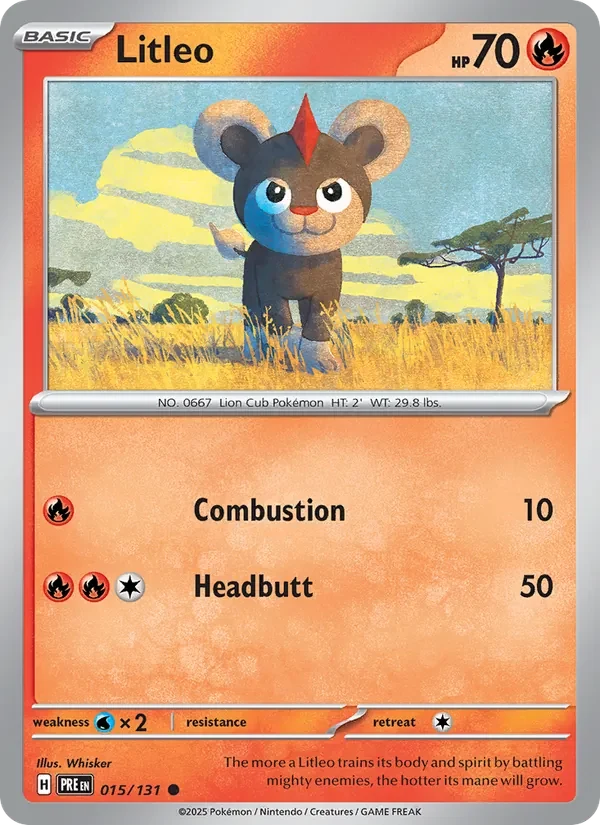 Litleo 015/131 Prismatic Evolutions Pokémon card, Common, front scan