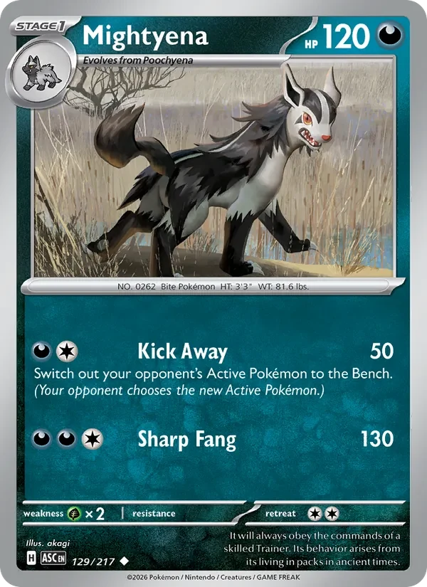 Mightyena 129/217 Ascended Heroes Pokémon card, Uncommon, front scan