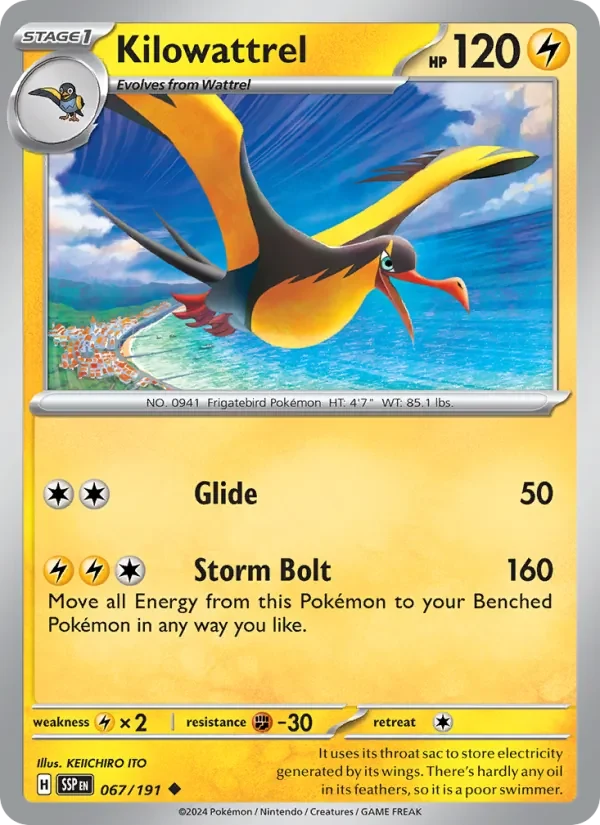 Kilowattrel 067/191 Surging Sparks Pokémon card, Uncommon, front scan