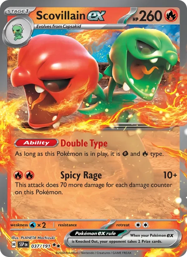 Scovillain ex 037/191 Surging Sparks Pokémon card, Double Rare, front scan