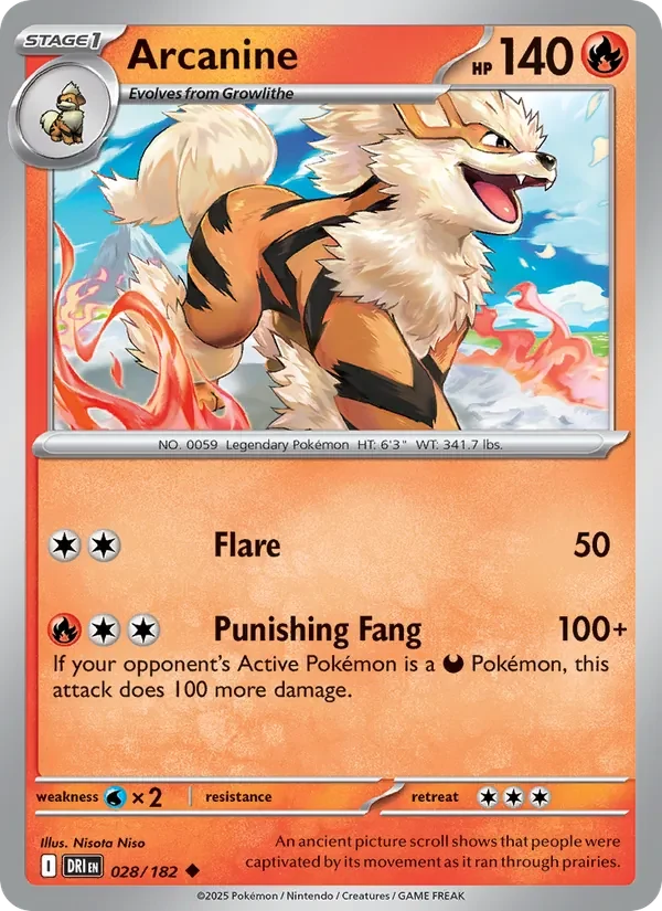 Arcanine 028/182 Destined Rivals Pokémon card, Uncommon, front scan