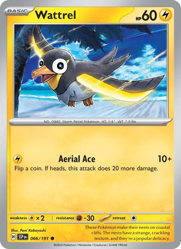 Wattrel 066/191 Surging Sparks Pokémon card, Common, front scan