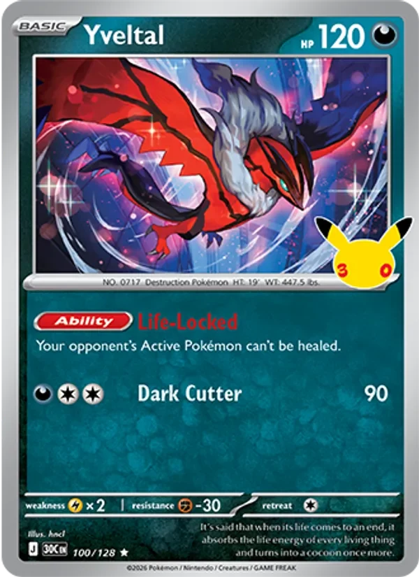Yveltal 100/128 30th Celebration Pokémon card, Rare, front scan