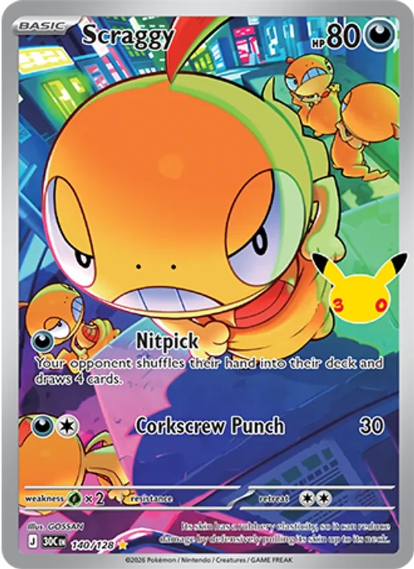 Scraggy 140/128 30th Celebration Pokémon card, Illustration Rare, front scan