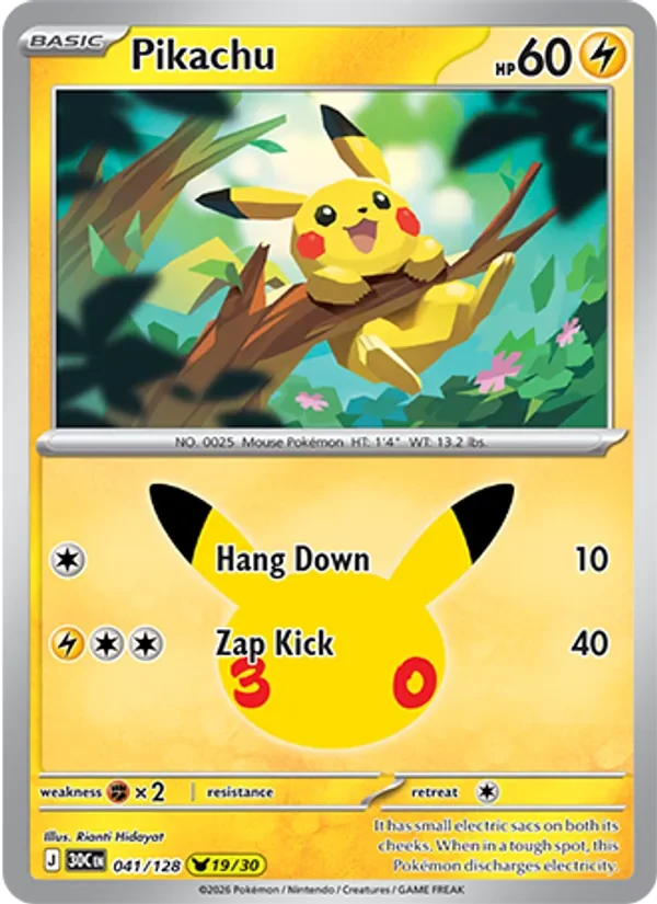 Pikachu 041/128 30th Celebration Pokémon card, Pikachu Rare, front scan
