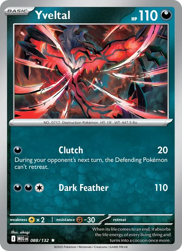 Yveltal 088/132 Mega Evolution Pokémon card, Rare, front scan