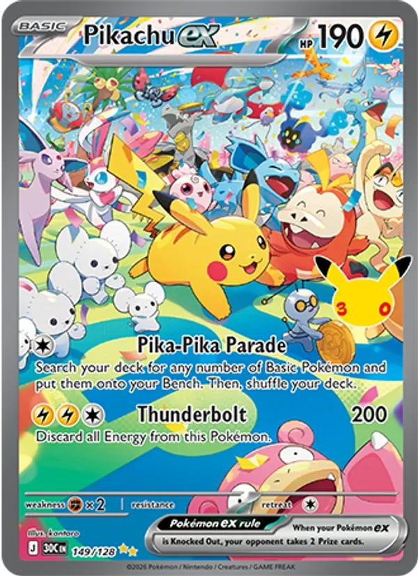 Pikachu ex 149/128 30th Celebration Pokémon card, Special Illustration Rare, front scan