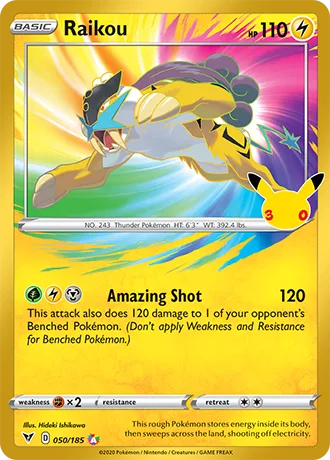 Raikou 050/185 30th Celebration Pokémon card, Classic Collection, front scan