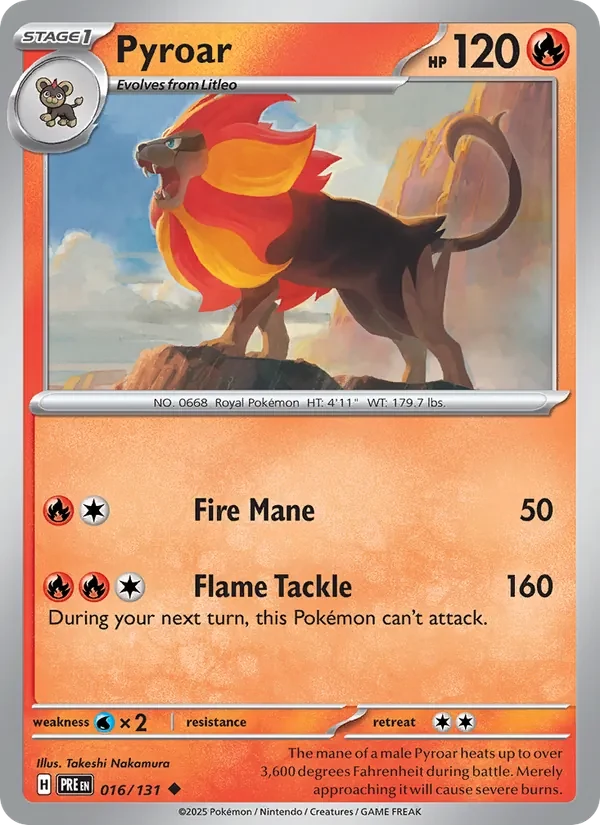 Pyroar 016/131 Prismatic Evolutions Pokémon card, Uncommon, front scan
