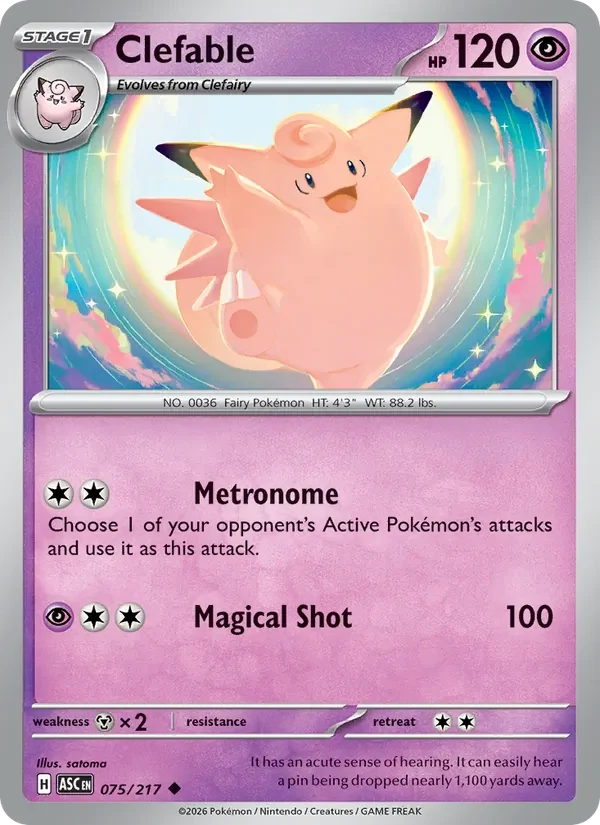 Clefable 075/217 Ascended Heroes Pokémon card, Uncommon, front scan