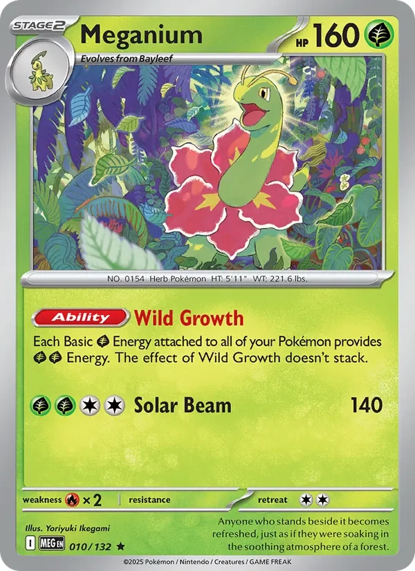 Meganium 010/132 Mega Evolution Pokémon card, Rare, front scan