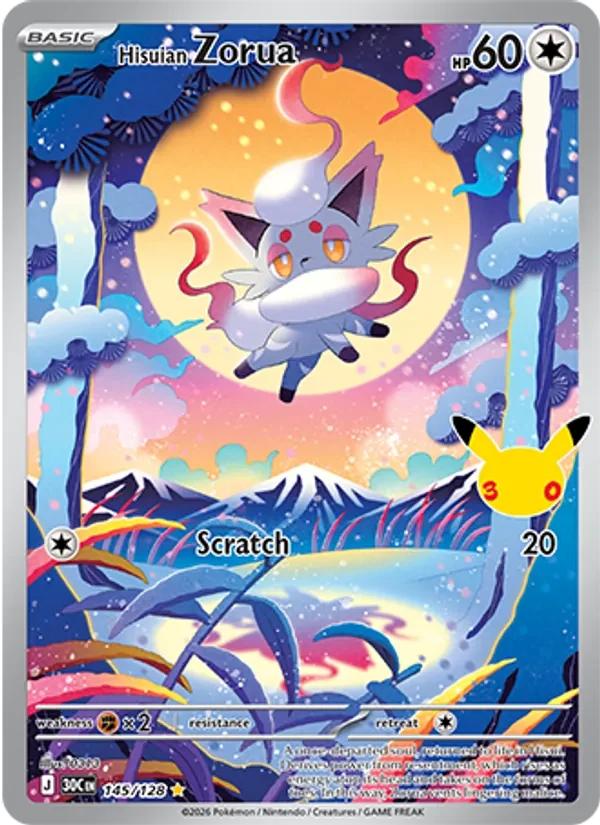 Hisuian Zorua 145/128 30th Celebration Pokémon card, Illustration Rare, front scan