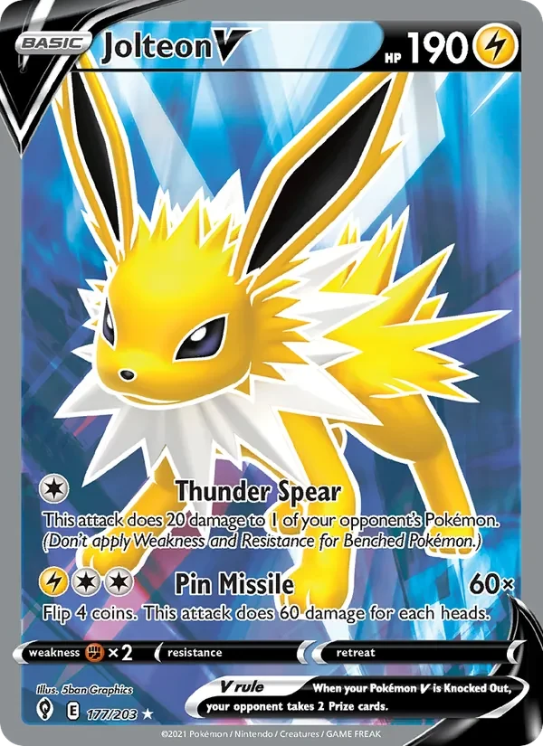 Jolteon V 177/203 Evolving Skies Pokémon card, Ultra Rare, front scan
