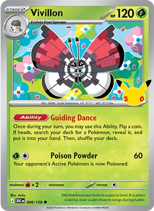 Vivillon 008/128 30th Celebration Pokémon card, Common, front scan