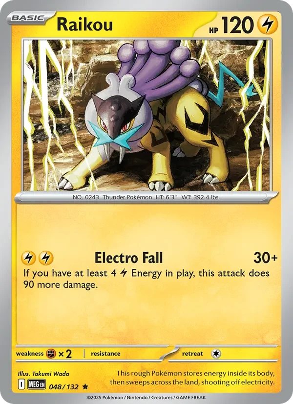 Raikou 048/132 Mega Evolution Pokémon card, Rare, front scan