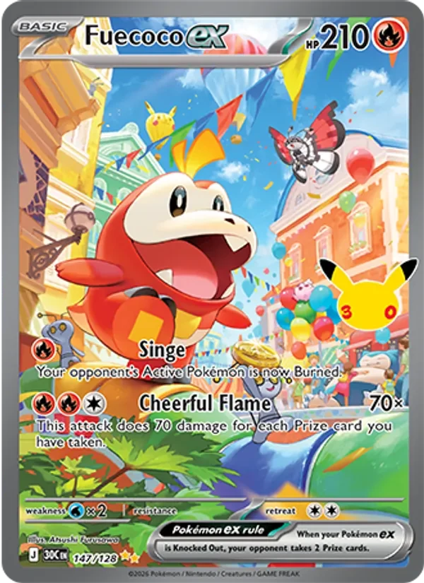 Fuecoco ex 147/128 30th Celebration Pokémon card, Special Illustration Rare, front scan