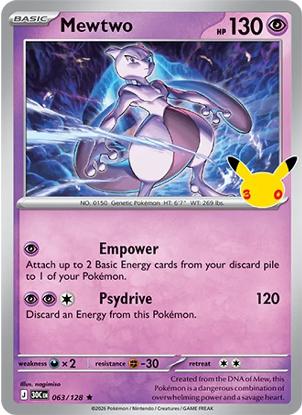 Mewtwo 063/128 30th Celebration Pokémon card, Rare, front scan