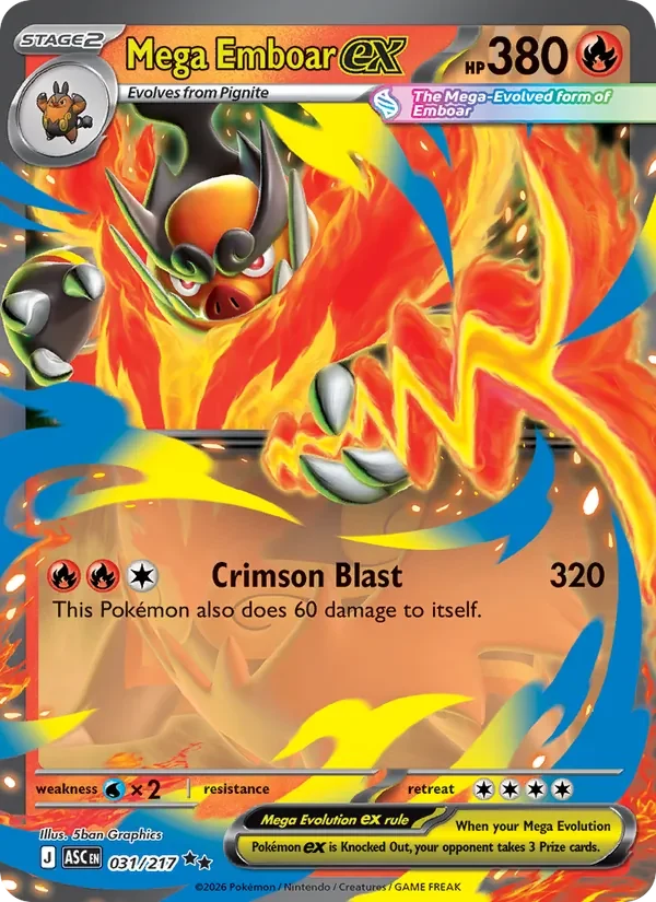 Mega Emboar ex 031/217 Ascended Heroes Pokémon card, Double Rare, front scan