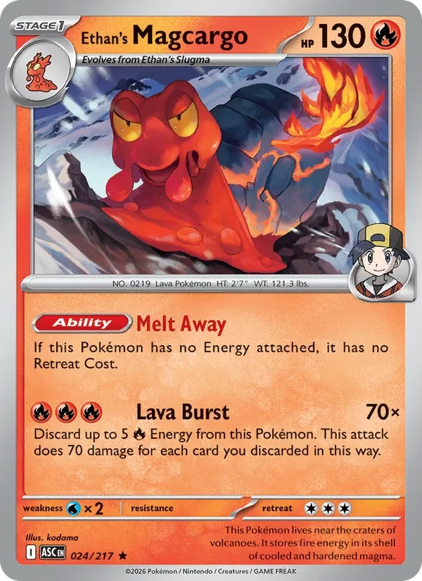 Ethan's Magcargo 024/217 Ascended Heroes Pokémon card, Rare, front scan
