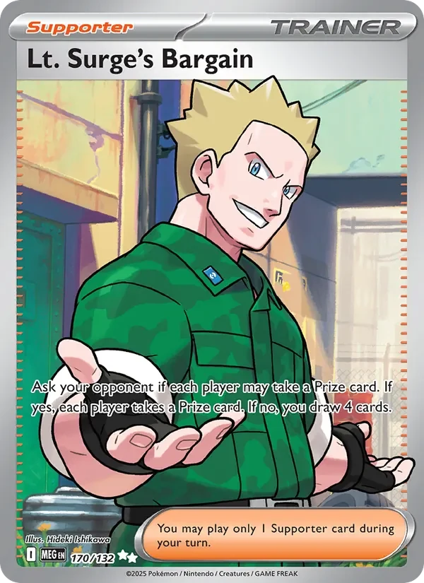 Lt. Surge's Bargain 170/132 Mega Evolution Pokémon card, Ultra Rare, front scan