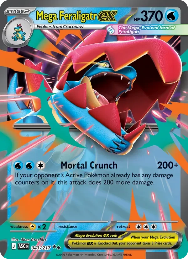 Mega Feraligatr ex 043/217 Ascended Heroes Pokémon card, Double Rare, front scan