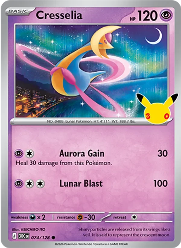 Cresselia 074/128 30th Celebration Pokémon card, Common, front scan