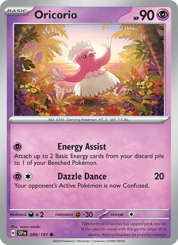 Oricorio 089/191 Surging Sparks Pokémon card, Common, front scan