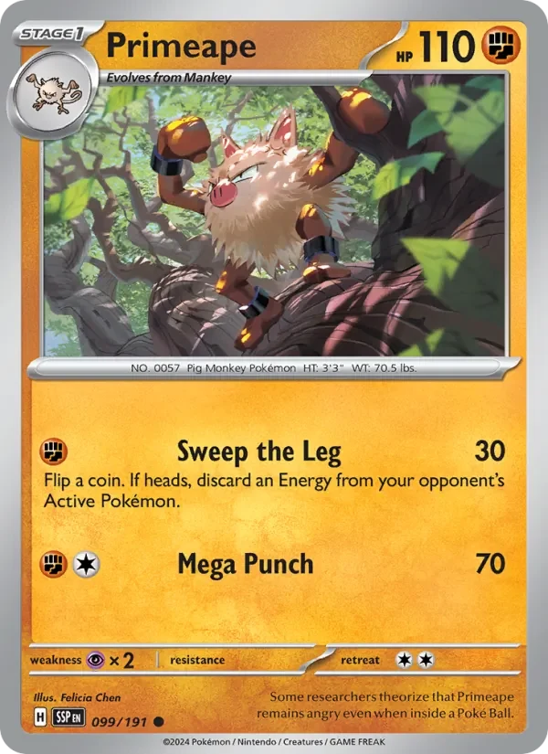 Primeape 099/191 Surging Sparks Pokémon card, Common, front scan