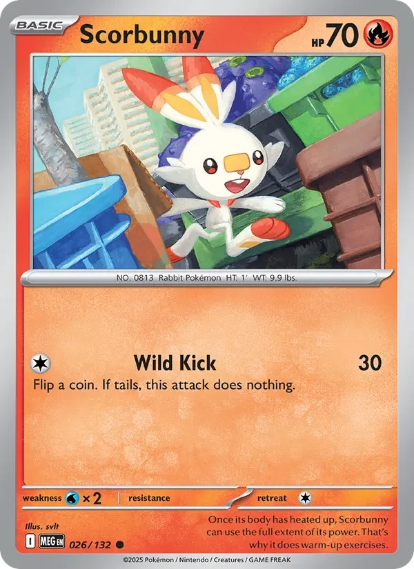 Scorbunny 026/132 Mega Evolution Pokémon card, Common, front scan