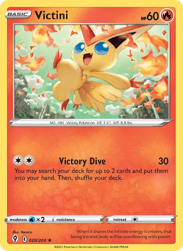 Victini 020/203 Evolving Skies Pokémon card, Holo Rare, front scan