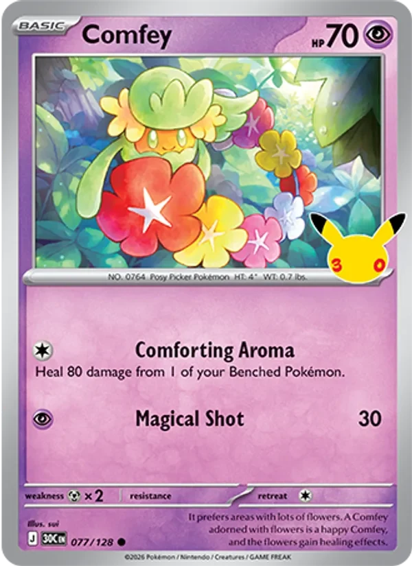 Comfey 077/128 30th Celebration Pokémon card, Common, front scan