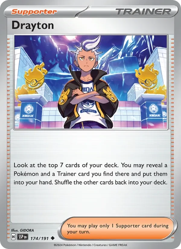 Drayton 174/191 Surging Sparks Pokémon card, Uncommon, front scan