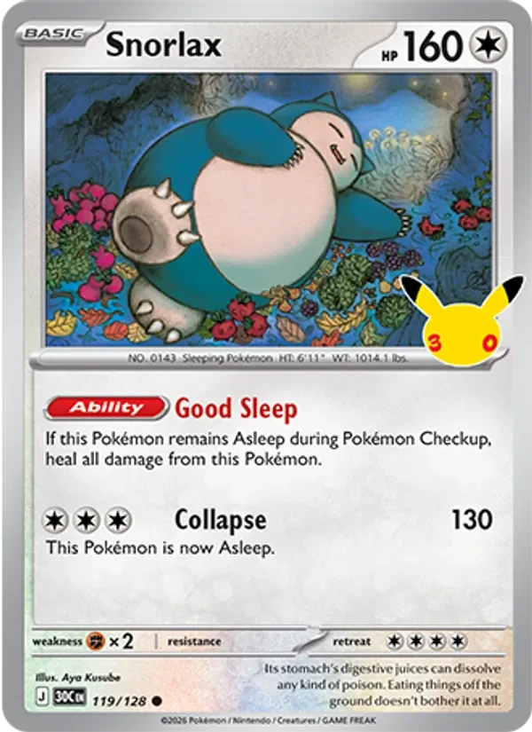 Snorlax 119/128 30th Celebration Pokémon card, Common, front scan