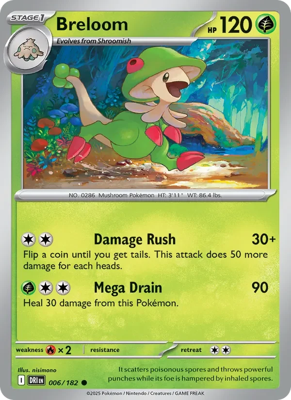 Breloom 006/182 Destined Rivals Pokémon card, Common, front scan