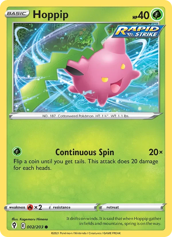 Hoppip 002/203 Evolving Skies Pokémon card, Common, front scan