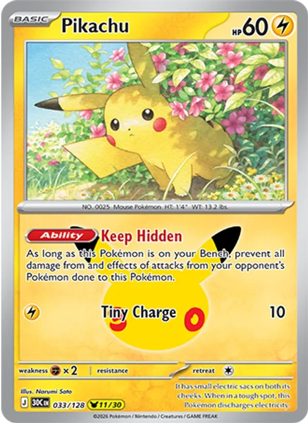 Pikachu 033/128 30th Celebration Pokémon card, Pikachu Rare, front scan