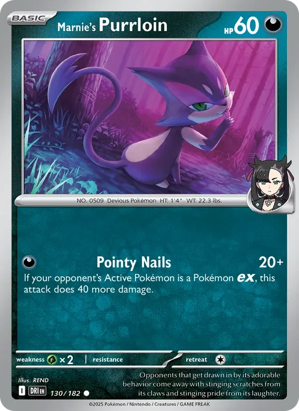 Marnie's Purrloin 130/182 Destined Rivals Pokémon card, Common, front scan