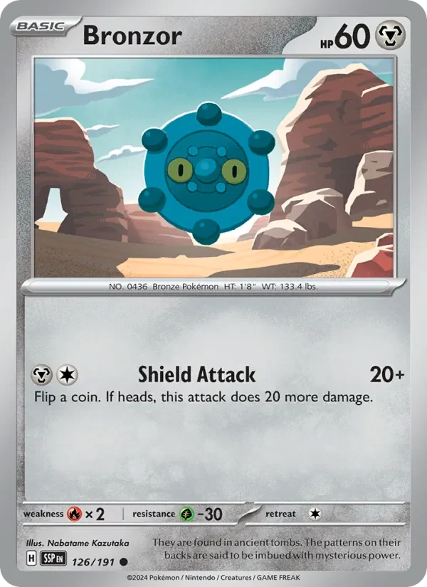 Bronzor 126/191 Surging Sparks Pokémon card, Common, front scan