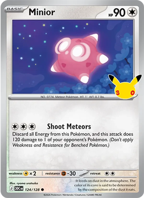Minior 124/128 30th Celebration Pokémon card, Common, front scan