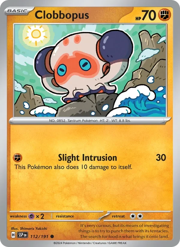 Clobbopus 112/191 Surging Sparks Pokémon card, Common, front scan