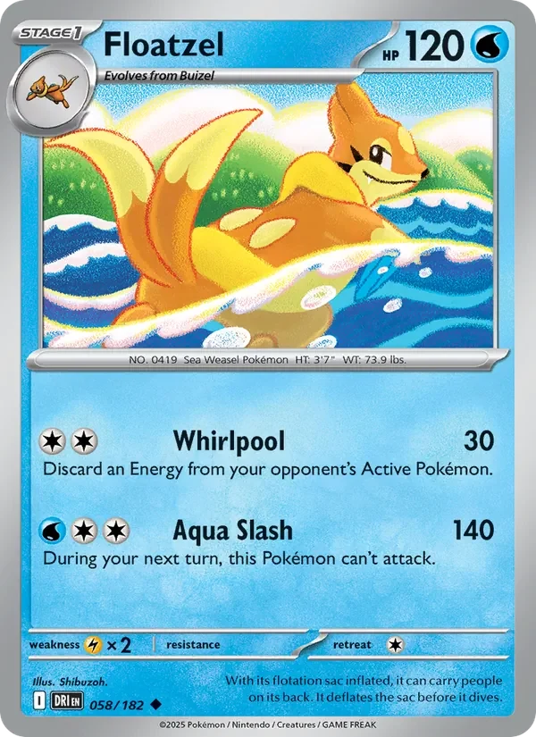 Floatzel 058/182 Destined Rivals Pokémon card, Uncommon, front scan