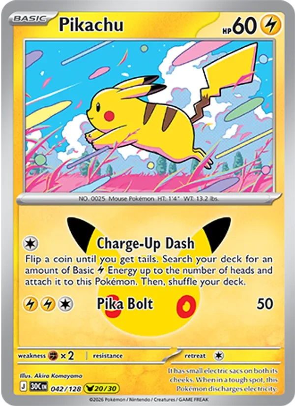 Pikachu 042/128 30th Celebration Pokémon card, Pikachu Rare, front scan