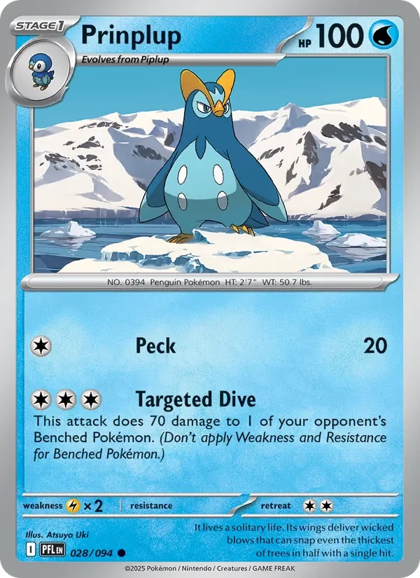 Prinplup 028/094 Phantasmal Flames Pokémon card, Common, front scan