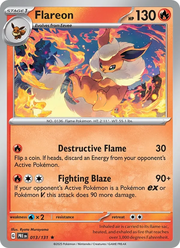 Flareon 013/131 Prismatic Evolutions Pokémon card, Rare, front scan