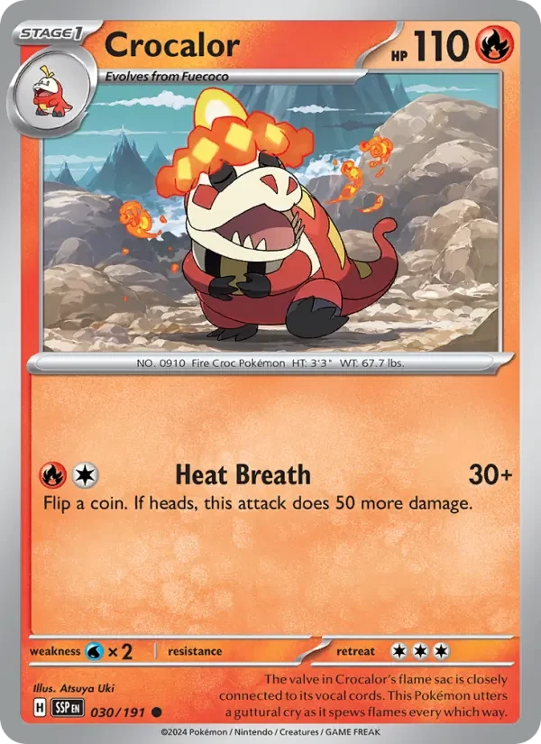 Crocalor 030/191 Surging Sparks Pokémon card, Common, front scan
