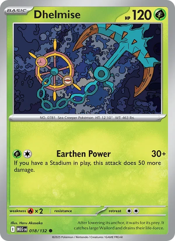 Dhelmise 018/132 Mega Evolution Pokémon card, Common, front scan