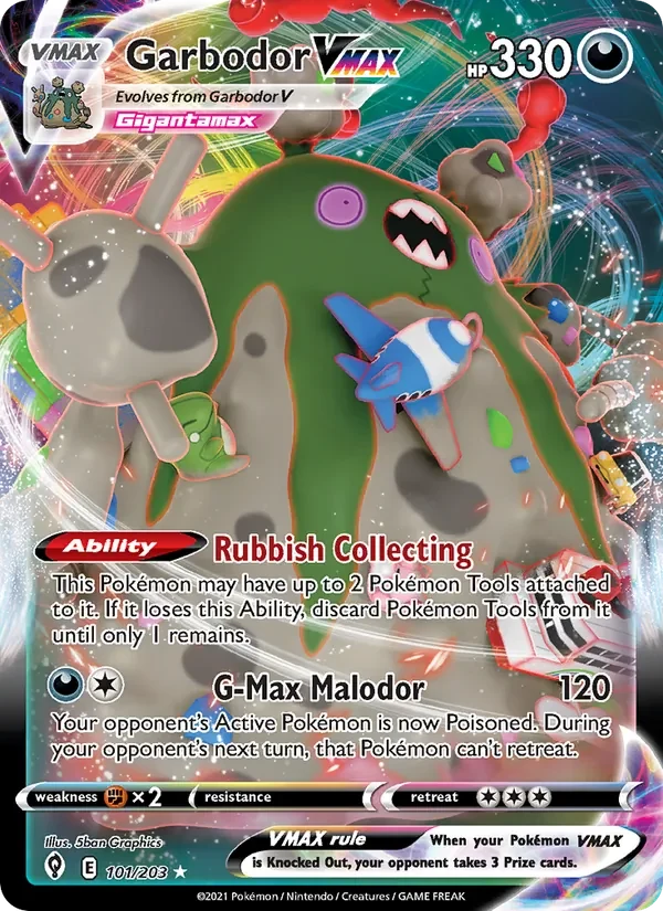 Garbodor VMAX 101/203 Evolving Skies Pokémon card, Holo Rare Vmax, front scan